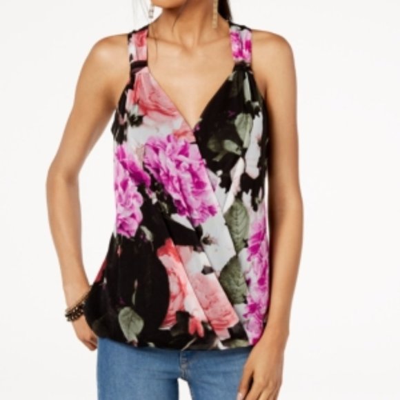 INC International Concepts Tops - I.N.C. Size S Floral Faux Wrap Surplice Neck Top